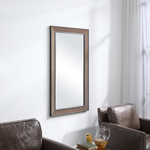 round framed mirror Uttermost Golden Rust Mirror Art-deco Influences Are Displayed In This Design That Features Linear Texture Finished In Antiqued Gold With Rust Glaze Paired With Bold Satin Black And Silver Highlights. The Beveled Mirror May Be Hung Horizontal Or Vertical.
