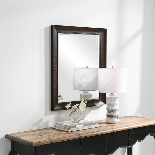 contemporary decorative mirrors Uttermost Burnished Wood Mirror This Rectangular Mirror Features A Heavily Burnished Wood Look With Rich Mahogany Undertones, Faux Exposed Wood Grain And A Beaded Inner Liner. The Piece Has A 1" Bevel And May Be Hung Horizontal Or Vertical.