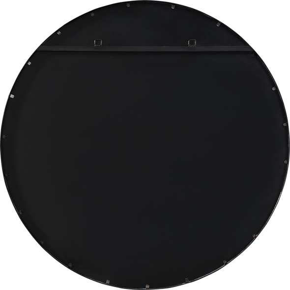 bathroom mirror accent wall Uttermost Round Iron Mirror Refined Iron Frame Finished In A Sleek Satin Black, Embracing A Floating Polished Edged Mirror.