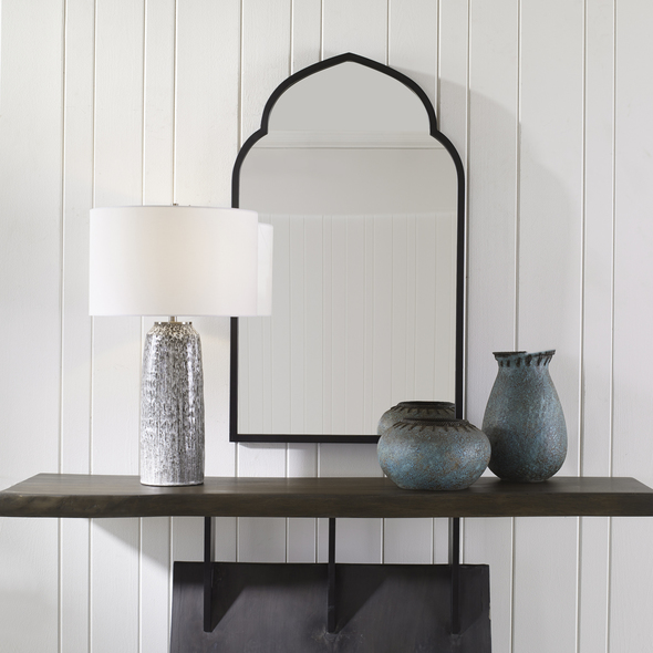 beaded round wood mirror Uttermost Black Arch Mirror This Moroccan Inspired Arch Is Handcrafted From Forged Iron And Finished In A Stylish Matte Black.
