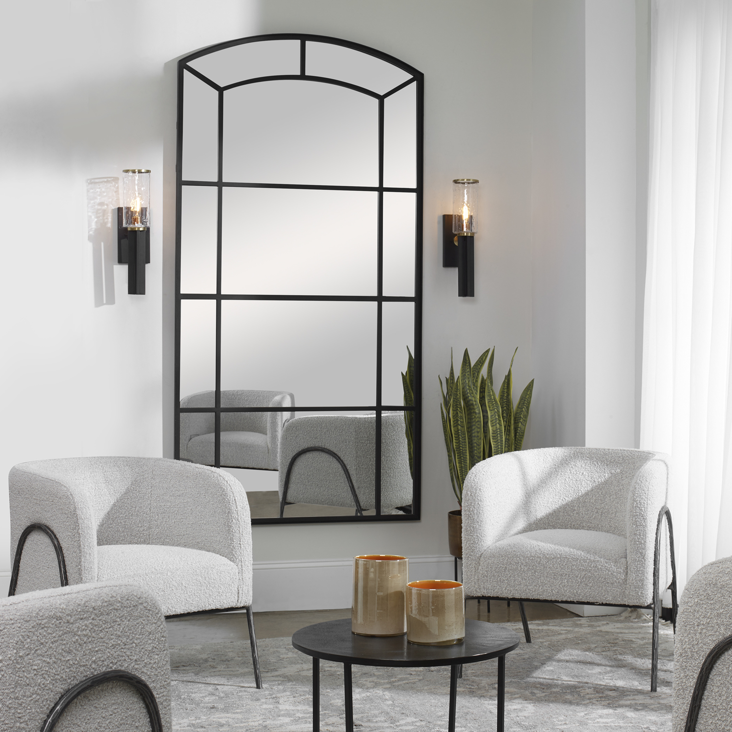 mirror wall with frame Uttermost Oversized Arch Mirror This Oversized Arch Mirror Features A Substantial Solid Iron Frame Finished In A Rich Satin Black, With A Deep Channeled Outer Edge.