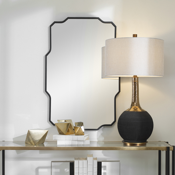 wall mirror floor Uttermost Iron Wall Mirror Inspired By Traditional Silhouettes, This Mirror Features An Iron Frame With Linear Details Married With Graceful Curves, Finished In A Contemporary Matte Black. May Be Hung Horizontal Or Vertical.