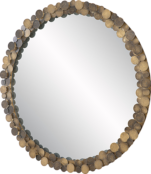 decorative wooden mirror frames Uttermost Round Aged Gold Mirror This Round Mirror Features An Iron Frame With 3-dimensional, Floating, Overlapping Medallions Finished In Metallic Aged Gold With Some Heavily Burnished For A Multi Tone Effect.