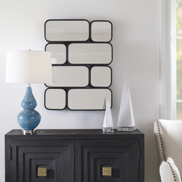frame with mirror Uttermost Modern Black Mirror This Contemporary Design Features A Welded, Off-set Pattern With A Petite Profile And Ample Depth, Finished In Satin Black. May Be Hung Horizontal Or Vertical.