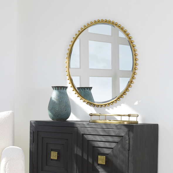 silver wall mirrors for living room Uttermost Gold Round Mirror Petite Iron Spheres Line The Outer Edge Of This Round Frame, Finished In A Timeless Gold Leaf. Mirror Features A Generous 1 1/4" Bevel.
