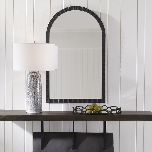 home decor bathroom mirrors Uttermost Black Arch Mirror Constructed From Hand Forged Iron With Noticeable Raised Ridges For A Touch Of Industrial Influence, Finished In A Slightly Distressed Matte Black With Silver Undertones.