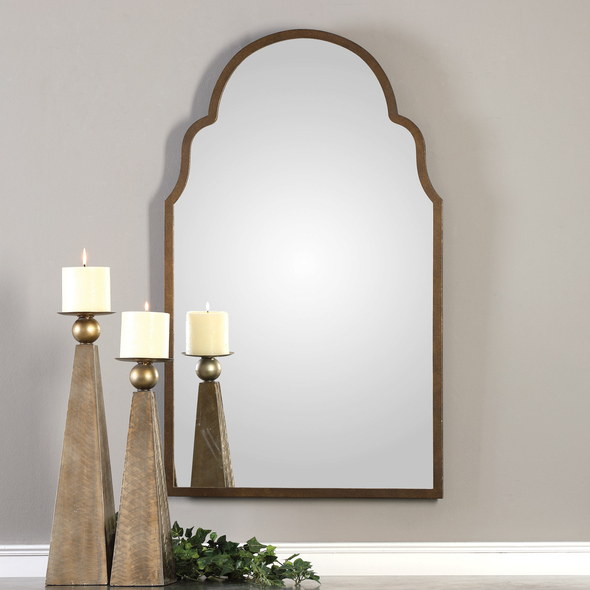 reverse mirrors Uttermost Metal Arch Mirrors Lightly Textured Dark Brown With Burnished Edges And Gold Highlights.