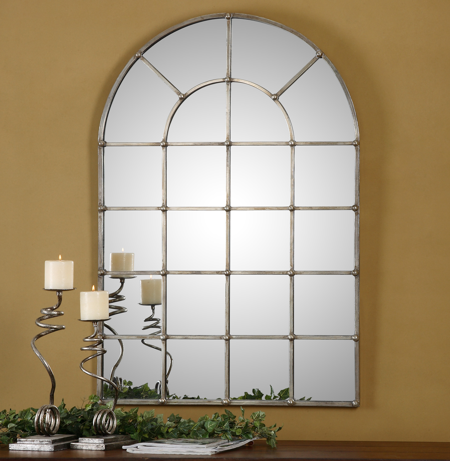 modern oval wall mirror Uttermost Arch Window Mirrors Hand Forged Metal Finished In A Oxidized Plated Silver. NA