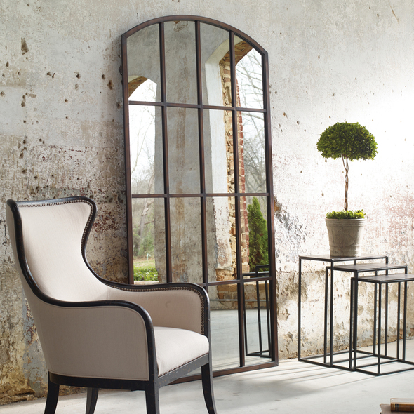 mirror room design Uttermost Metal Arch Mirrors This Oversized Arch Features A Forged Iron Frame In A Hand Applied Warm Bronze Finish With Burnished Distressing Encasing An Antique Style Mirror.
