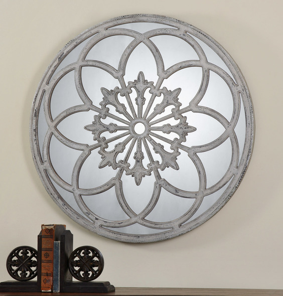 cheap mirror with frame Uttermost Round Mirrors Heavily Distressed Aged White Floral Motif With Rust Bronze Undertones Over Plain Mirror. NA