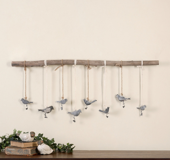 home interior pictures wall decor Uttermost Wall Art Small Metal Birds Finished In A Dark Bronze With A Light Ivory Glaze Suspended From A Natural Elm Branch With Ivory Ribbon And Natural Rope. Each Bird Has A Clip At Feet For Hanging Pictures Or Notes. Size And Shape Of Branch Will Vary.