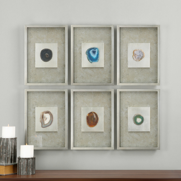 picture to canvas art Uttermost Stone Wall Art Silver Leaf Shadow Boxes Accented With Mottled Silver Champagne Background Encasing Slabs Of Colorful Agate Stone Under Glass. The Agate Will Vary Slightly In Shape And Color.