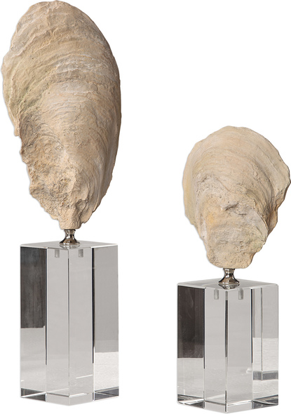 buddha statue large size Uttermost Figurines & Sculptures Cast From Natural Oyster Shells, These Sculptures Feature An Aged Ivory Finish With Chrome Accents And Set Atop Staggered Height Crystal Cube Bases.