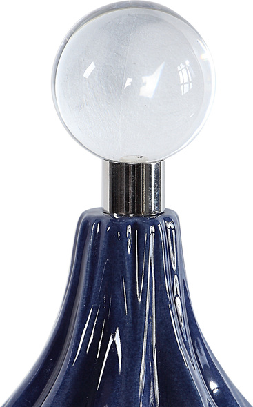 furniture accent pieces Uttermost Decorative Bottles & Canisters Modern Style Emanates From This Set Of Decorative Ceramic Bottles With An Embossed Geometric Pattern Finished In A Glossy Cobalt Blue And Accented With Polished Nickel And Crystal Finials.