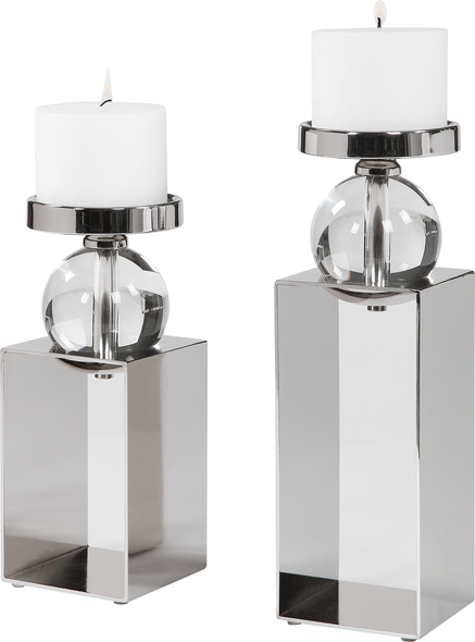 taper candle holder set Uttermost Candleholder Set Of Two Candleholders Featuring An Open Steel Frame, Finished In Polished Nickel With Crystal Accents. Two 4"x 3" Distressed White Candles Included. 
Sizes: Sm-5x12x5, Lg-5x15x5