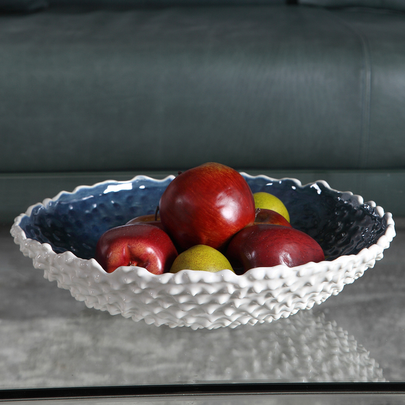 large vessel vase Uttermost Decorative Bowls & Trays White Ceramic Bowl With Heavy Exterior Texture And A Bright Blue Interior Glaze.