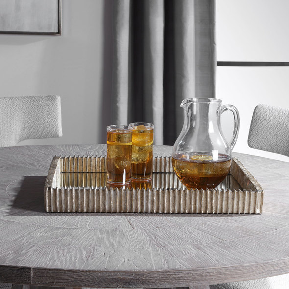 cheap designer mirrors Uttermost Decorative Bowls & Trays Contemporary Tray Showcases An Organic Ribbed Texture Finished In Silver Leaf With A Mirrored Base.