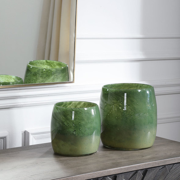 glass bowl vase with flowers Uttermost Vases Urns & Finials Crafted From 100% Art Glass, These Vases Showcase A Seeded Glass Look With Shades Of Sage And Moss Green. Sizes: S-7x7x7, L-9x9x9