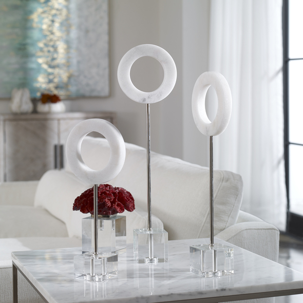 big statue home decor Uttermost Figurines & Sculptures Contemporary Trio Features Solid White Marble Rings Supported By Polished Chrome Rods And An Elegant Crystal Base. Sizes: S-6x15x3, M-6x19x3, L-6x22x3