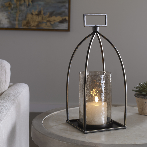 decorations for candle holders Uttermost Candleholders Taking Cues From Moroccan Style, This Candleholder Is Finished In Dark Bronze With Gold Rub-through Details And A Textured Glass Hurricane. One White 3"x 3" Candle Is Included.