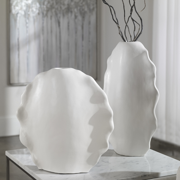 large tall vase decor Uttermost Vases Urns & Finials Set Of Two Ceramic Vases Model Organic Curved Edges That Create An Artistic Look And Are Finished In A Modern Matte White Glaze. Sizes: S-16x16x5, L-12x20x5.