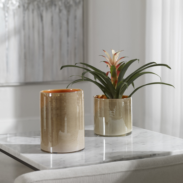 large vase black Uttermost Vases Urns & Finials Vases-Urns-Trays-Finials Handcrafted From Glass, These Vases Showcase An Iridescent Bubbled Exterior Finish In Light Beige With A Punch Of Vibrant Orange Inside. Sizes: S-6x6x6, L-6x8x6