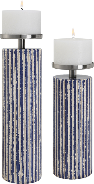 small decorative candle holders Uttermost Candleholders Set Of Two Ceramic Candleholders Are Finished In A Vertically Striped Ivory And Cobalt Glaze, Accented By Iron Candle Cups Finished In Polished Nickel With Two 4"x 3" Distressed Off-white Candles Included. Sizes: S-4x14x4, L-4x17x4
