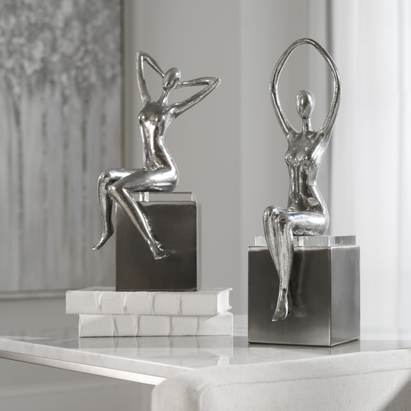 fairy garden ornaments large Uttermost Figurines & Sculptures Tarnished Silver Sculptures With Crystal Accents And Steel Cube Bases.