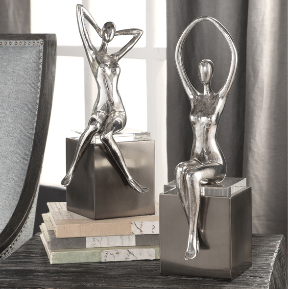 fairy garden ornaments large Uttermost Figurines & Sculptures Tarnished Silver Sculptures With Crystal Accents And Steel Cube Bases.