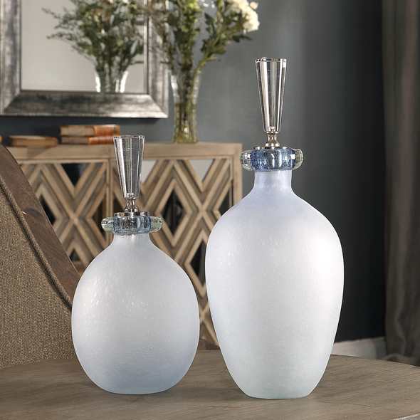 designer bowls and vases Uttermost Decorative Bottles & Canisters Pale Blue Bubble Glass Containers With Stepped Polished Nickel And Crystal Cylinder Stoppers.