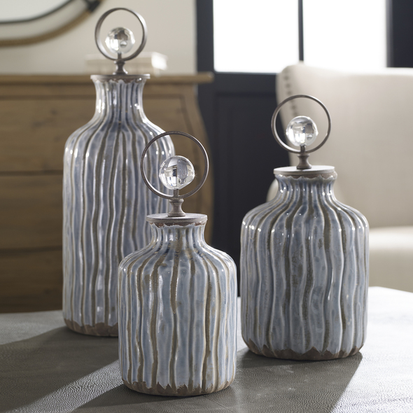 designer bowls and vases Uttermost Vases Urns & Finials Hand Fluted Ceramic Vessels In A Gray-blue Glaze Topped With Weathered Bronze Metal Finials With Matching Crystal Sphere Accents.