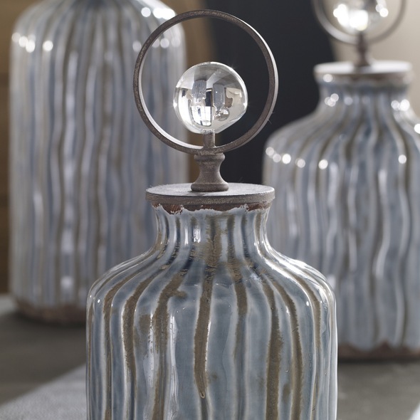 designer bowls and vases Uttermost Vases Urns & Finials Hand Fluted Ceramic Vessels In A Gray-blue Glaze Topped With Weathered Bronze Metal Finials With Matching Crystal Sphere Accents.