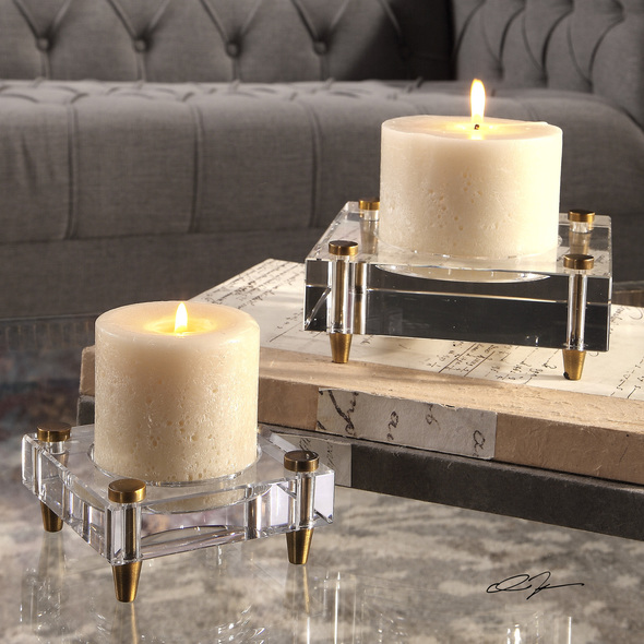 gothic candelabra centerpieces Uttermost Candleholders Heavy Crystal Block Candleholders, Suspended By Machined Brass Finished Legs. Includes One 3"x 3" And One 4"x 3" Distressed Off-white Candles.