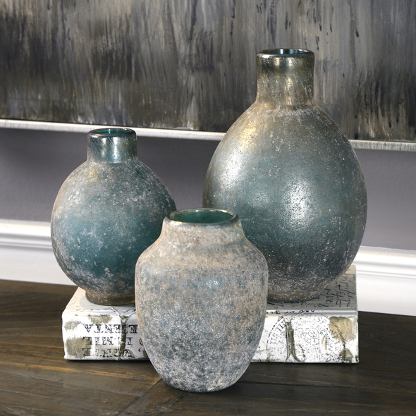 large white decorative vase Uttermost Vases Urns & Finials Glass Bottles In Varying Shades Of Blue-green With A Textured, Rust Ivory Glaze. Color Variations Are To Be Expected And Are Part Of Their Unique Charm.
