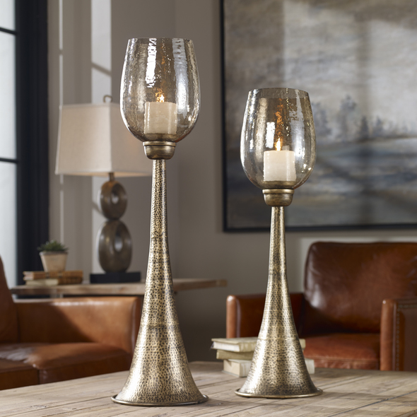 floor standing candelabras Uttermost Candleholders Candleholders Heavily Antiqued Gold Finish On Hand Hammered Iron With Egg Shaped, Copper Brown Luster Glass Globes And Two 3"x 3" White Candles.