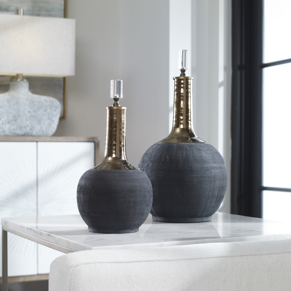 skinny tall glass vase Uttermost Decorative Bottles & Canisters Ceramic Bottles With Matte Black Hand-scored Bodies, Golden Metallic Glazed Necks And Shaped Crystal Finials.