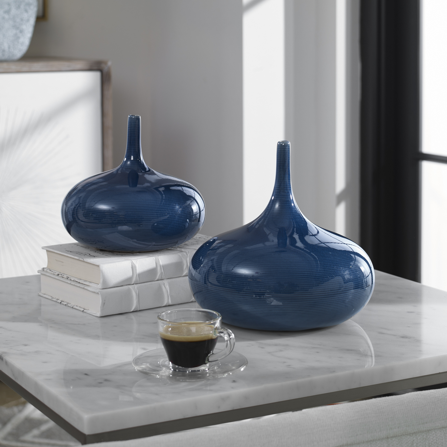 large tall white vase Uttermost Vases Urns & Finials Set Of Two, Uniquely Shaped Ceramic Stem Vases Feature A Spinning Top Pattern In Multiple Tones Of Blue.