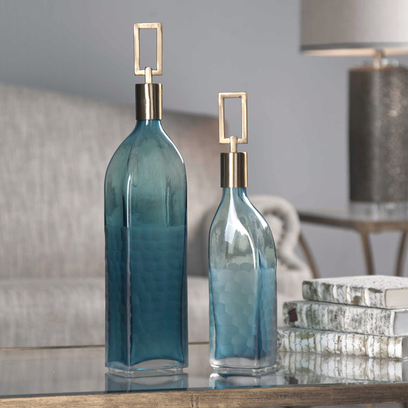 Uttermost Decorative Bottles & Canisters Vases-Urns-Trays-Finials Thick Teal Green Glass Featuring Coffee Bronze Metal Stoppers.