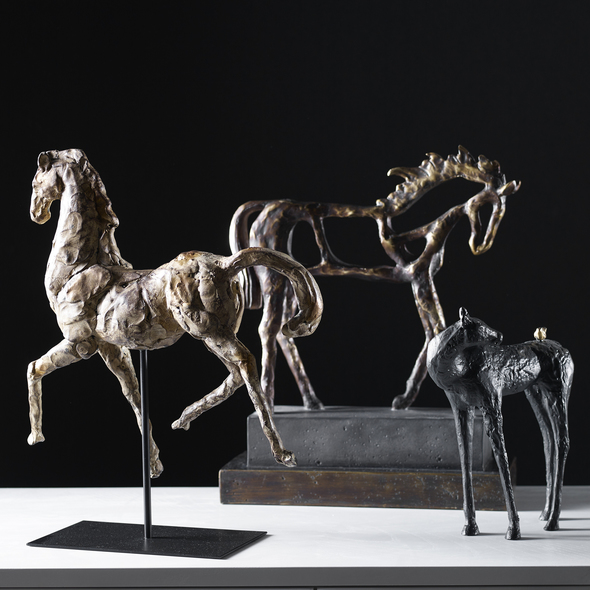 carving and sculpture Uttermost Figurines & Sculptures This Playful, Cast Iron, Sculpture Features A Dark Brown Horse With Light Bronze Tipping Turned To Look At The Antique Gold Bird That Has Positioned Itself On His Back.