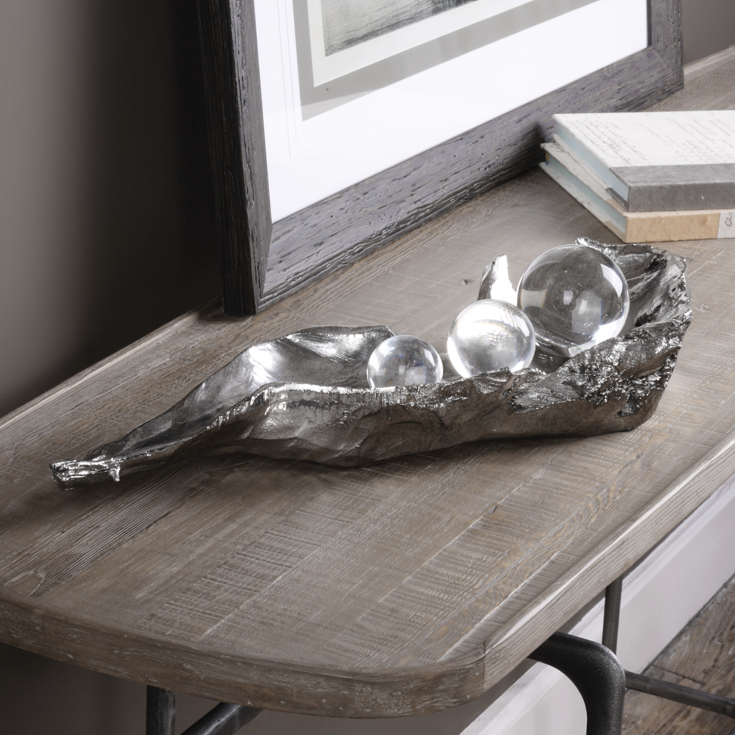 garden statues and decor Uttermost Figurines & Sculptures This Gorgeous Sculpture Simulates Peas Sitting On An Open Pod, Finished In A Tarnished, Metallic Silver With Clear Crystal Spheres.