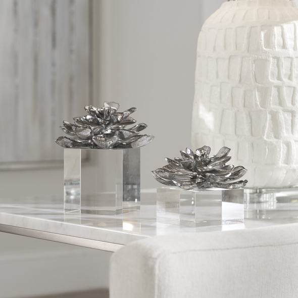table for statue Uttermost Figurines & Sculptures Simple Elegance Is Achieved By These Antiqued, Metallic Silver, Lotus Blooms That Appear To Be Floating On Clear Crystal Cubes.