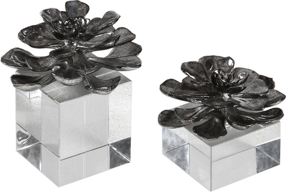 table for statue Uttermost Figurines & Sculptures Simple Elegance Is Achieved By These Antiqued, Metallic Silver, Lotus Blooms That Appear To Be Floating On Clear Crystal Cubes.