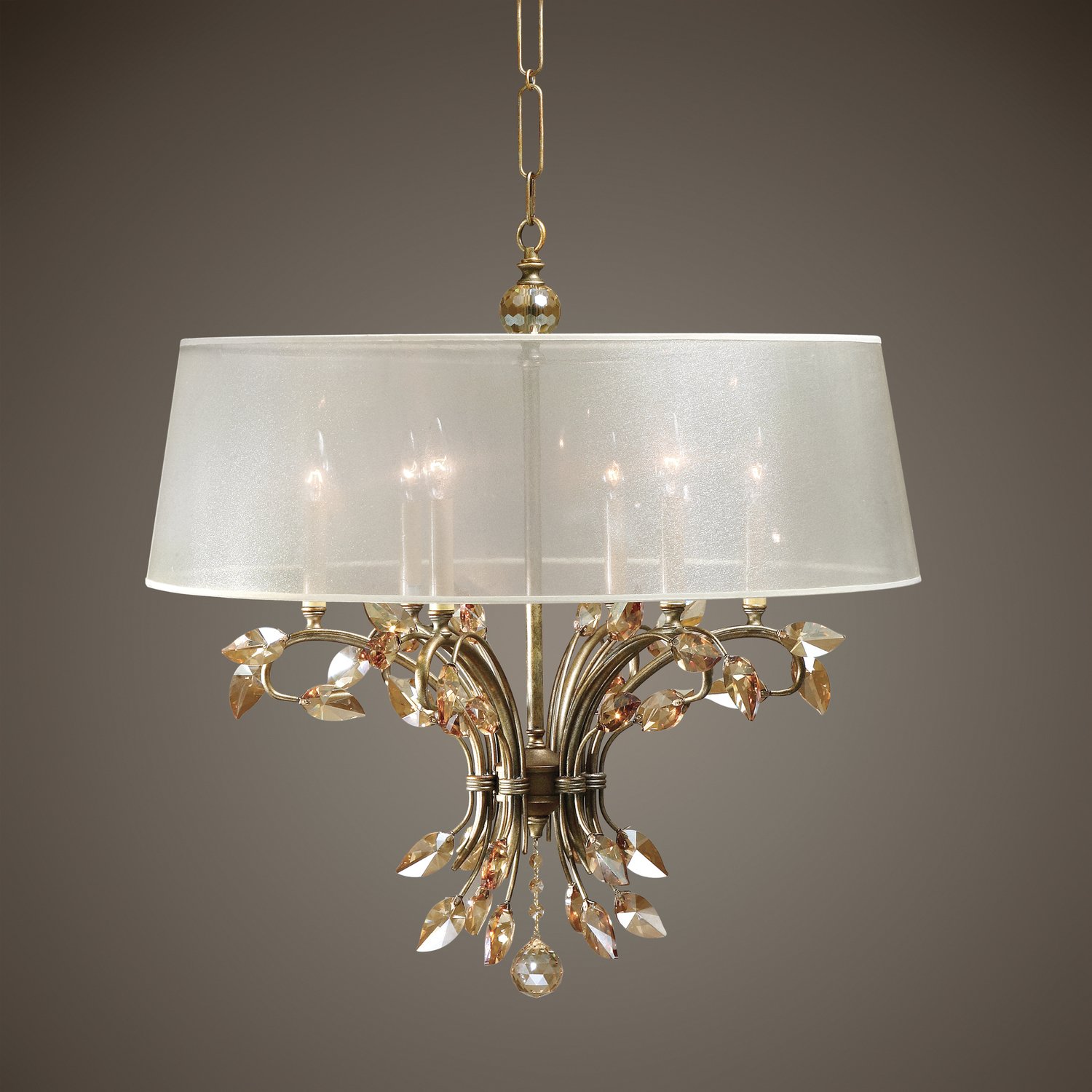 candelabra light fixture Uttermost Chandeliers Chandelier Burnished Gold Metal With Golden Teak Crystal Leaves And A Silken Champagne Sheer Fabric Shade. NA