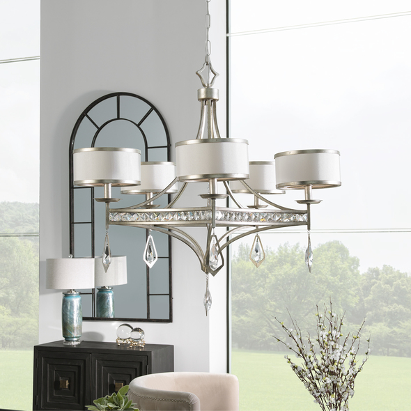 12 light chandelier Uttermost Chandeliers Burnished Silver Champagne Leaf Finish With Clear Crystals And Silken Off-white Hardback Shades.