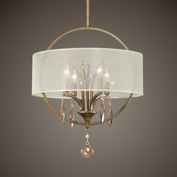 brass chandelier pendant light Uttermost Drum Pendants Burnished Gold Metal With Golden Teak Crystal Leaves And A Silken Champagne Sheer Fabric Shade. NA
