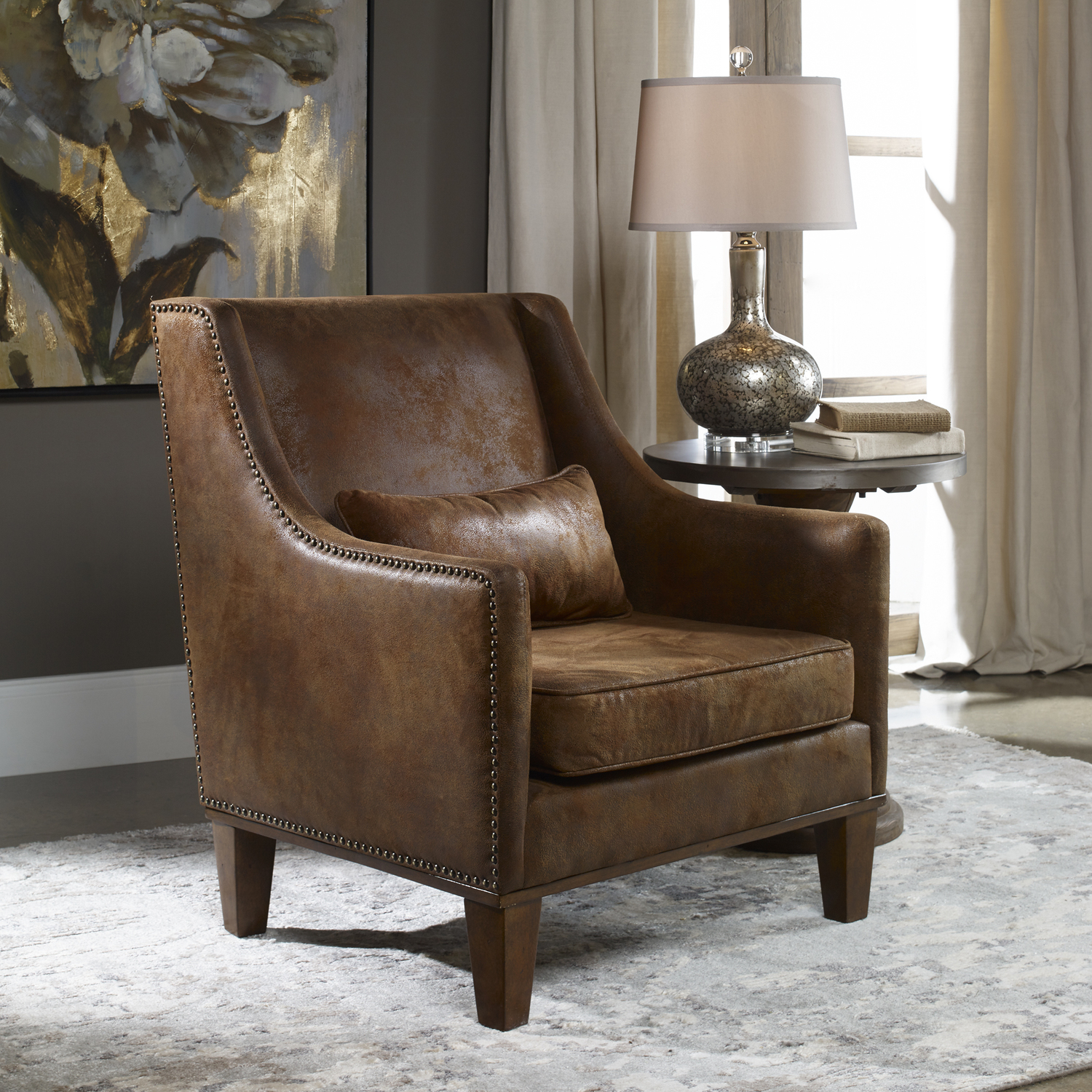 used lounge chairs for sale near me Uttermost  Accent Chairs & Armchairs Velvety Soft Fabric That Captures The Look Of Natural Tanned Leather. Antiqued Brass Nail Head Details, And Weathered Hickory-stained Legs And Base. Pillow Included. Matthew Williams