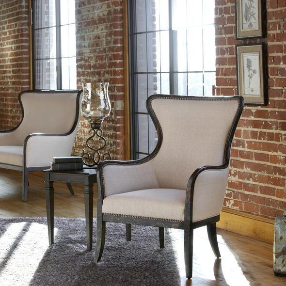 pink side chairs Uttermost  Accent Chairs & Armchairs Woven Tailoring In Shimmery Sand Features Teflon(r) Fabric Protector And Brass Nail Accents. Exposed Wood Frame Is Solid Wood With Reinforced Joinery And Hand Applied, Weathered Black Finish. Carolyn Kinder