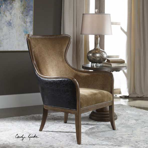 neutral accent chairs Uttermost  Accent Chairs & Armchairs Solid Wood Construction With Reinforced Joinery And Hand Rubbed, Weathered Pine Exposed Frame. Plush, Caramel Tan Velvet Is Accented By Solid Brass Nails And Surrounded In Deep Chocolate Faux Leather. Carolyn Kinder