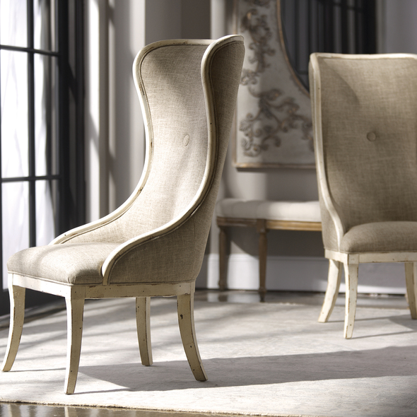 leather statement chair Uttermost  Accent Chairs & Armchairs Exaggerated Scale Makes An Impressive Design Statement In Easy Shades Of Flax Linen And Weathered Off White Paint Finish, Solidly Constructed In White Poplar Hardwood.