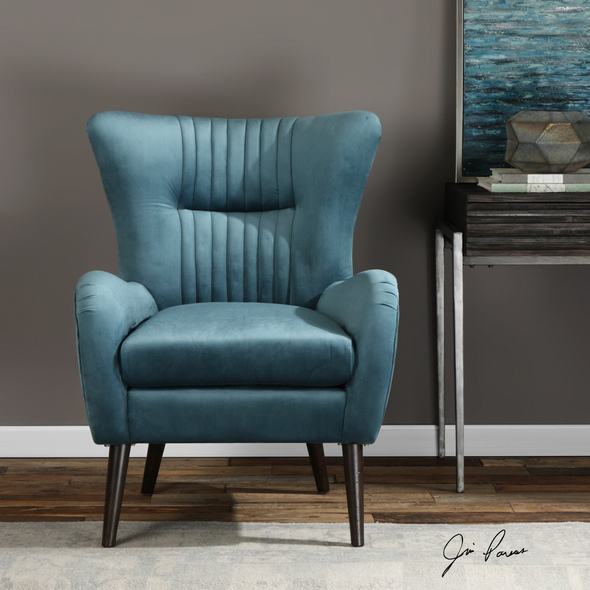 italian lounge chair Uttermost  Accent Chairs & Armchairs Add A Fresh Jewel Toned Touch To Your Space With This Mid-century Styled Accent Chair Featuring A Flare Black And Channel Tufted Accents. Its On-trend Teal Blue Polyester Velvet Is Finished With A Welt Trim, On Tapered Birch Legs Stained In A Rich Espresso.